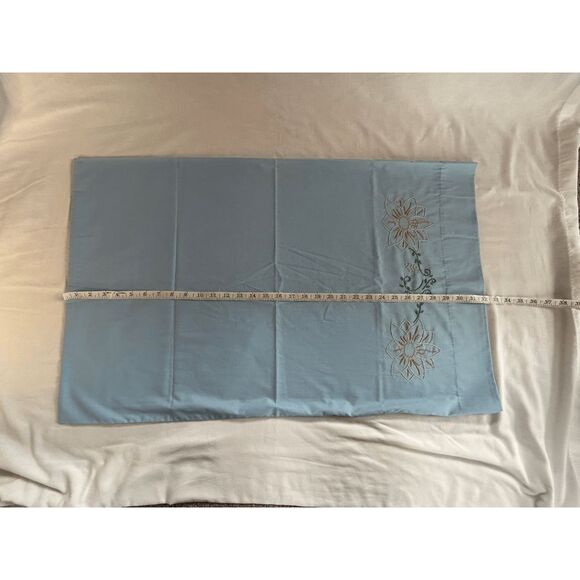 Handmade Powder Blue Pillowcase Set of Two, Flower Embroidery 20 x 32 Inches - Picture 5 of 6